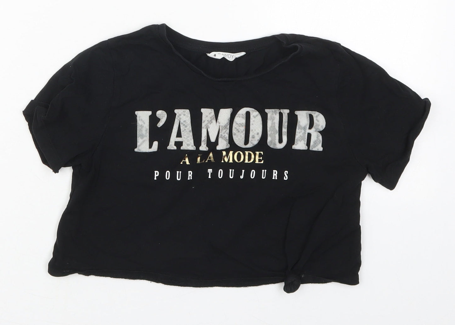 Candy Couture Girls Black  Cotton Cropped T-Shirt Size 10 Years Crew Neck Pullover - L'Amour