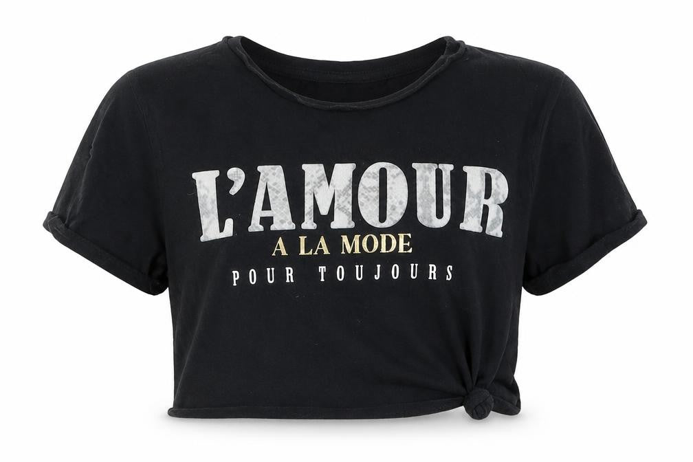 Front view of Candy Couture girls’ black cotton cropped t-shirt, size 10, years crew neck pullover - l'amour