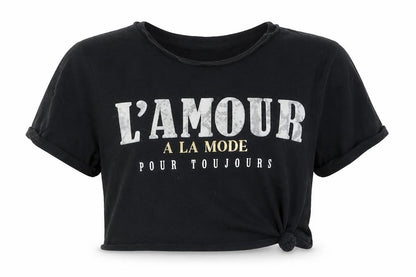 Front view of Candy Couture girls’ black cotton cropped t-shirt, size 10, years crew neck pullover - l'amour