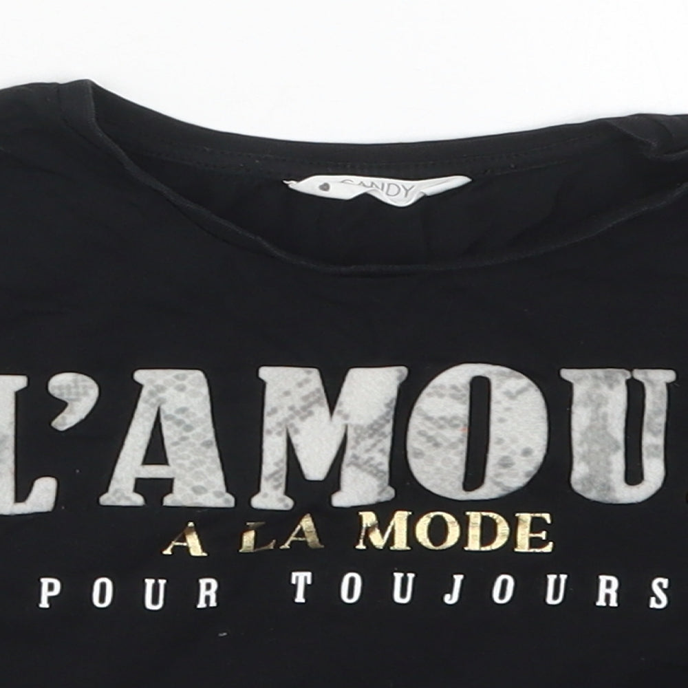 Candy Couture Girls Black  Cotton Cropped T-Shirt Size 10 Years Crew Neck Pullover - L'Amour