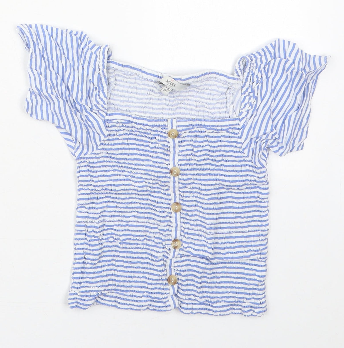 Additional front view of Evie girls’ blue striped viscose basic blouse, size 9-10, years square neck pullover
