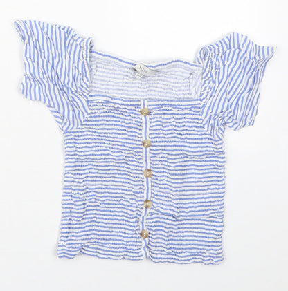 Additional front view of Evie girls’ blue striped viscose basic blouse, size 9-10, years square neck pullover