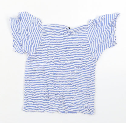 Back view of Evie girls’ blue striped viscose basic blouse, size 9-10, years square neck pullover