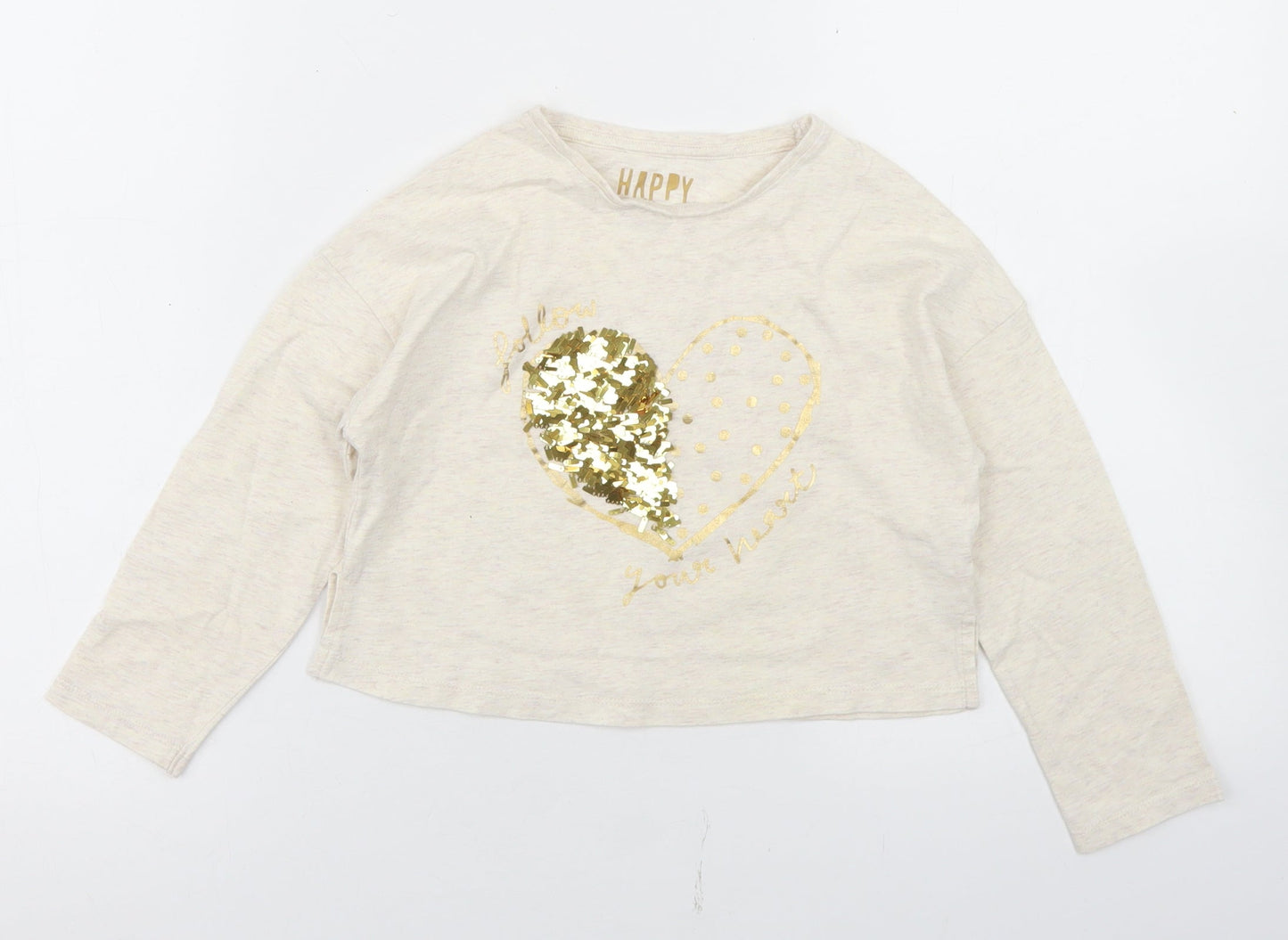 F&F Girls Beige  Cotton Basic T-Shirt Size 5-6 Years Crew Neck  - Heart