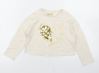 F&F Girls Beige  Cotton Basic T-Shirt Size 5-6 Years Crew Neck  - Heart