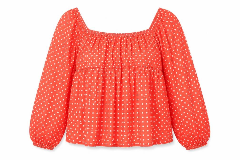 Front view of In the Style women’s red polka dot polyester cropped blouse, size UK 18, square neck - peplum