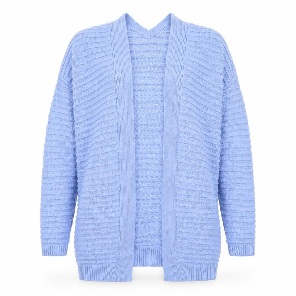 Front view of Papaya women’s blue round neck acrylic cardigan jumper, size S