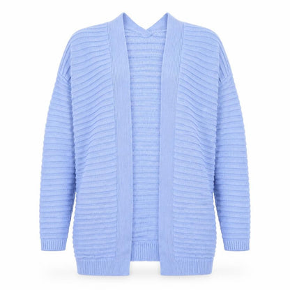 Front view of Papaya women’s blue round neck acrylic cardigan jumper, size S