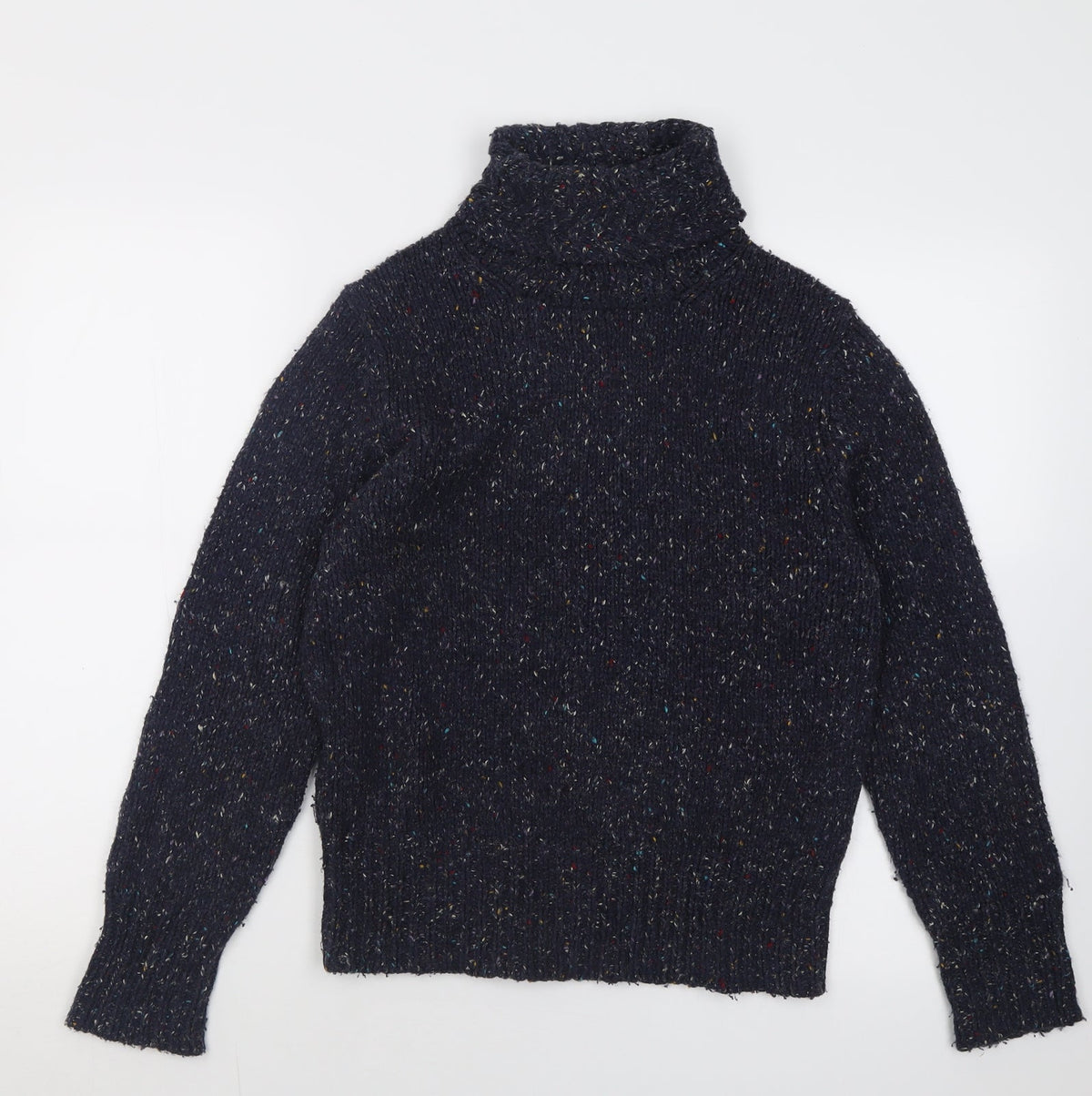 Front view of U2 women’s blue roll neck acrylic jumper, size M