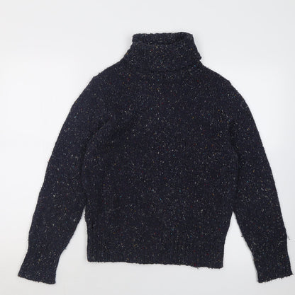 Front view of U2 women’s blue roll neck acrylic jumper, size M