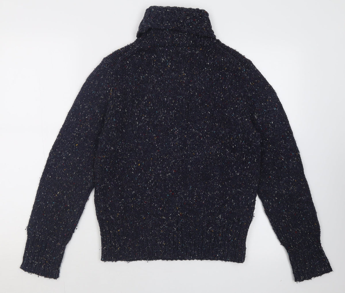 Back view of U2 women’s blue roll neck acrylic jumper, size M
