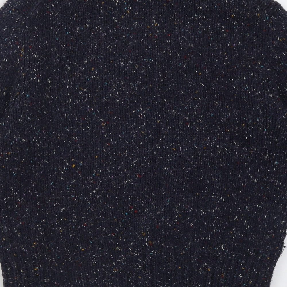 Brand and care label for U2 women’s blue roll neck acrylic jumper, size M