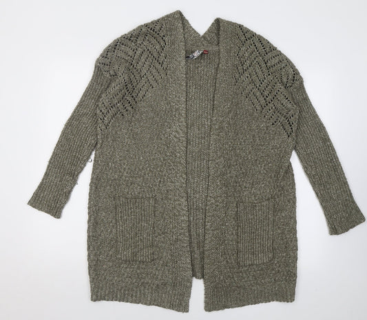 Front view of 3Stones women’s brown v-neck acrylic cardigan jumper, size M