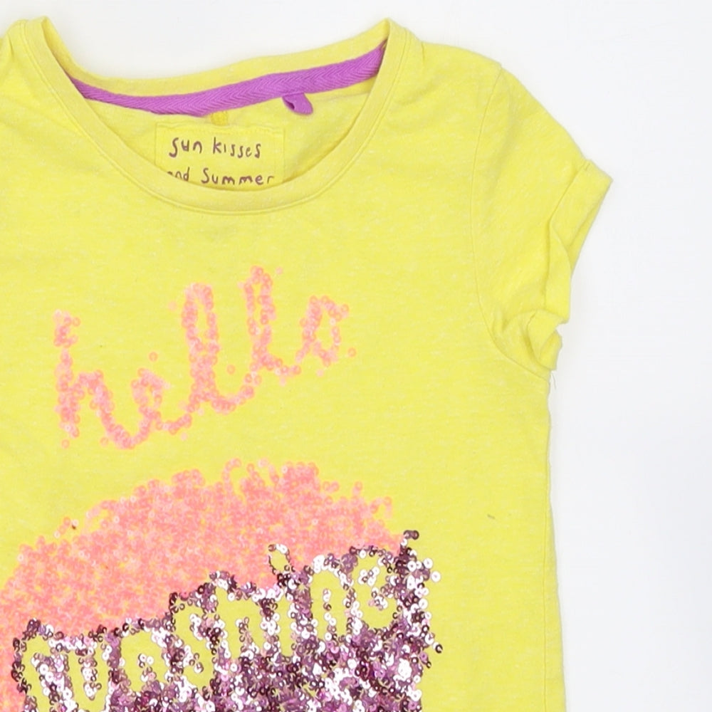 Close-up detail of Next girls’ yellow polyester basic t-shirt, size 7, years crew neck pullover