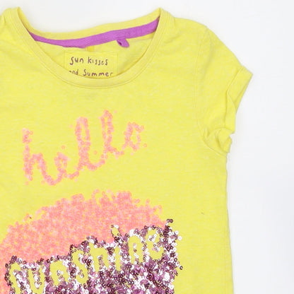 Close-up detail of Next girls’ yellow polyester basic t-shirt, size 7, years crew neck pullover