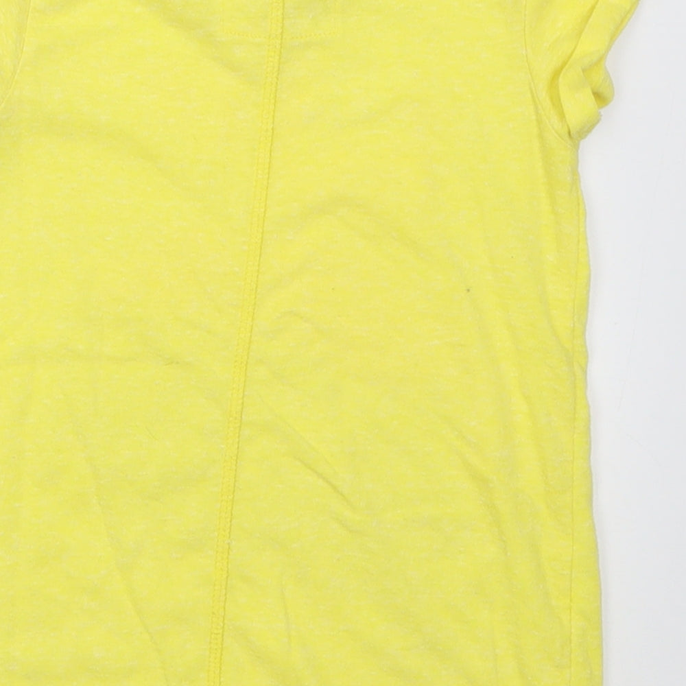 Brand and care label for Next girls’ yellow polyester basic t-shirt, size 7, years crew neck pullover
