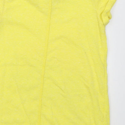 Brand and care label for Next girls’ yellow polyester basic t-shirt, size 7, years crew neck pullover