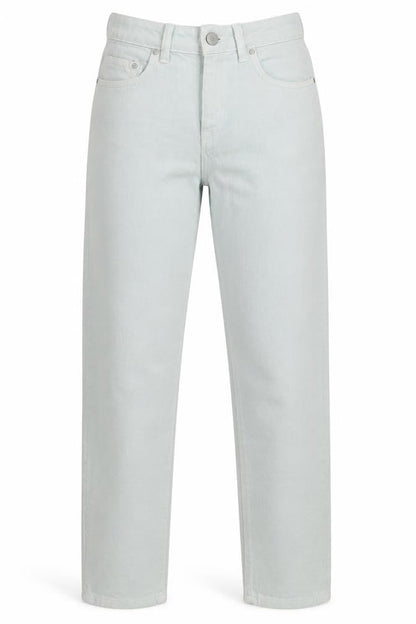 Front view of waven women’s green cotton mom jeans, size UK 6, 28-inch leg regular button