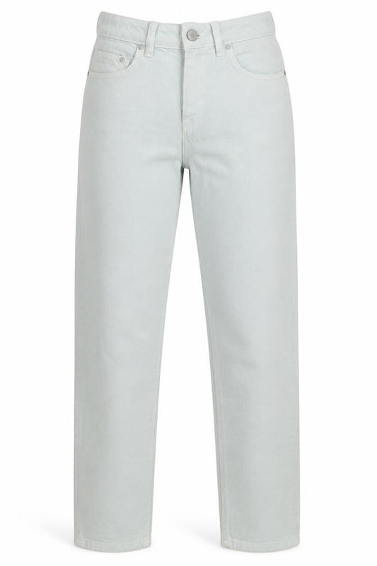 Front view of waven women’s green cotton mom jeans, size UK 6, 28-inch leg regular button
