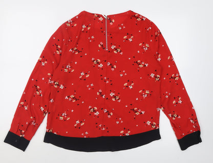 Primark Womens Red Floral Polyester Basic Blouse Size 10 Crew Neck