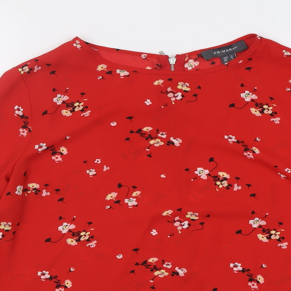 Primark Womens Red Floral Polyester Basic Blouse Size 10 Crew Neck