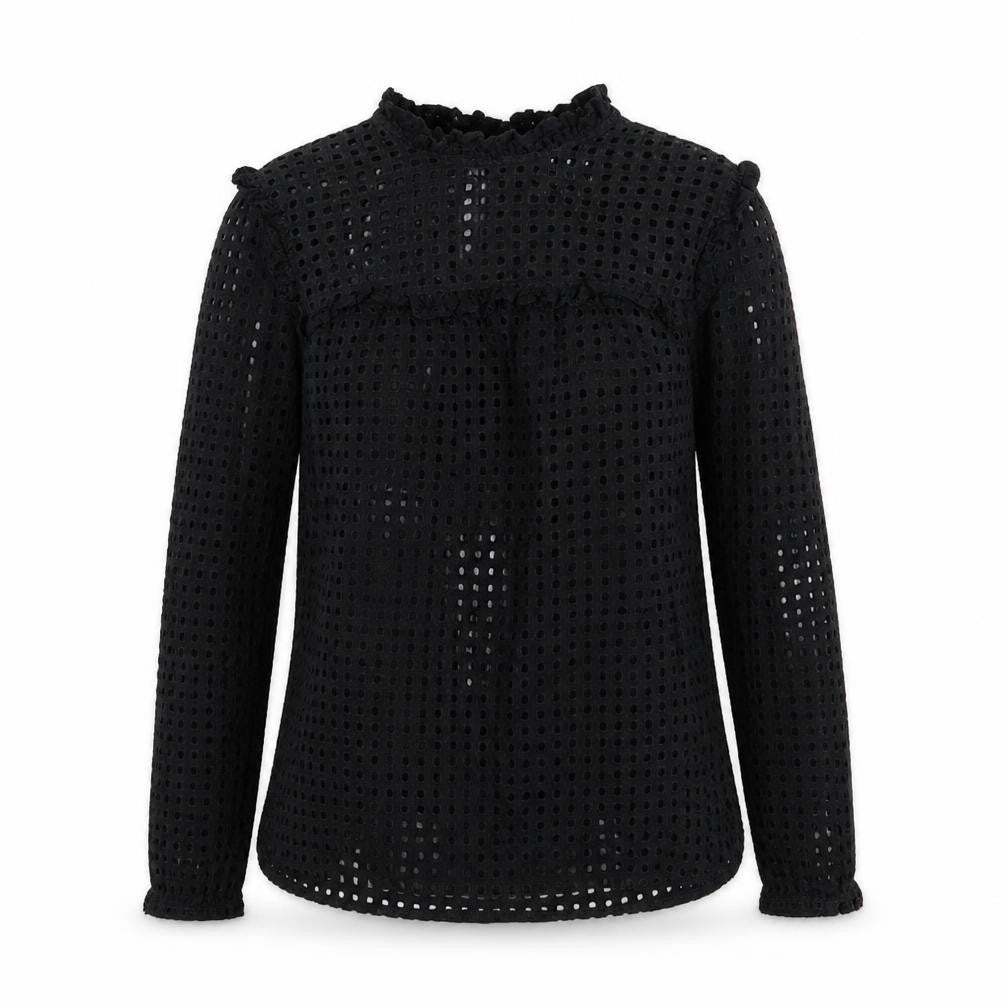 Front view of Fashion Union women’s black geometric 100% cotton basic blouse, size UK 10, round neck