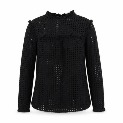 Front view of Fashion Union women’s black geometric 100% cotton basic blouse, size UK 10, round neck