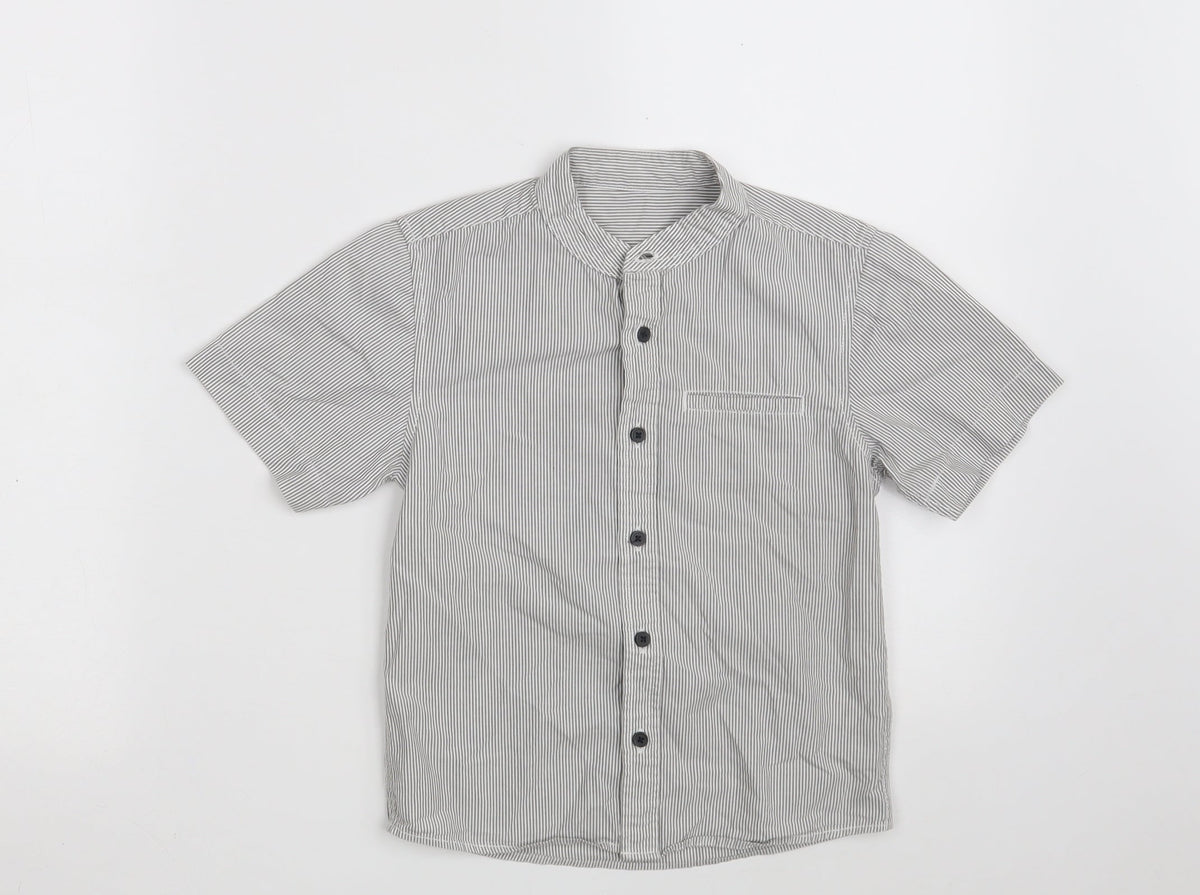 Additional front view of Dunnes boys’ grey striped 100% cotton basic button-up, size 5, years round neck button