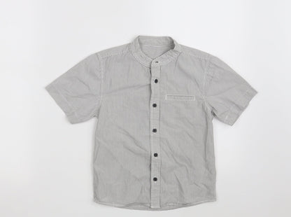 Additional front view of Dunnes boys’ grey striped 100% cotton basic button-up, size 5, years round neck button