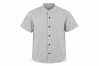 Front view of Dunnes boys’ grey striped 100% cotton basic button-up, size 5, years round neck button