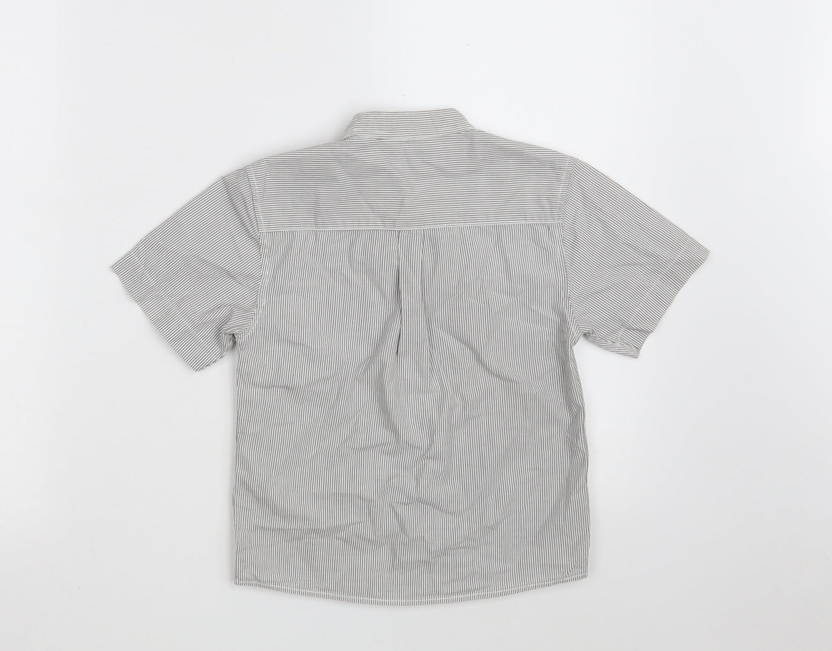 Back view of Dunnes boys’ grey striped 100% cotton basic button-up, size 5, years round neck button