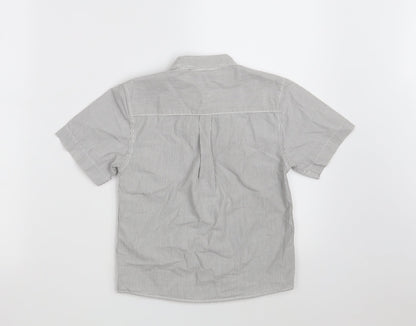 Back view of Dunnes boys’ grey striped 100% cotton basic button-up, size 5, years round neck button