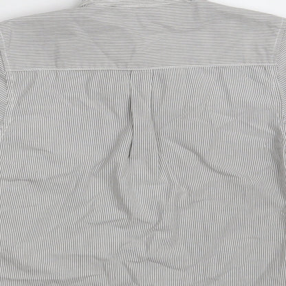 Brand and care label for Dunnes boys’ grey striped 100% cotton basic button-up, size 5, years round neck button