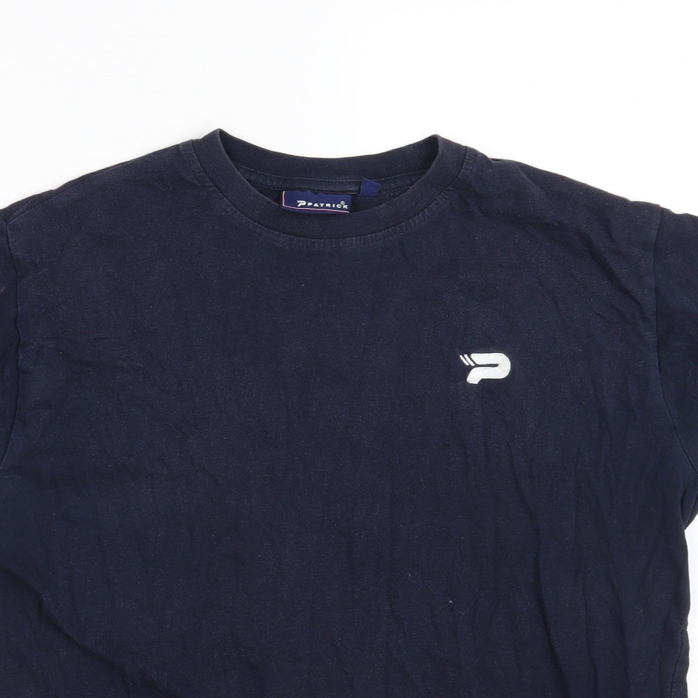 Close-up detail of Patrick boys’ blue 100% cotton basic t-shirt, size 13, years round neck