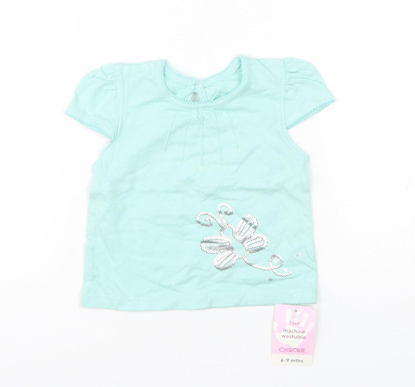 Cherokee Girls Green  Cotton Basic T-Shirt Size 6-9 Months Round Neck Pullover
