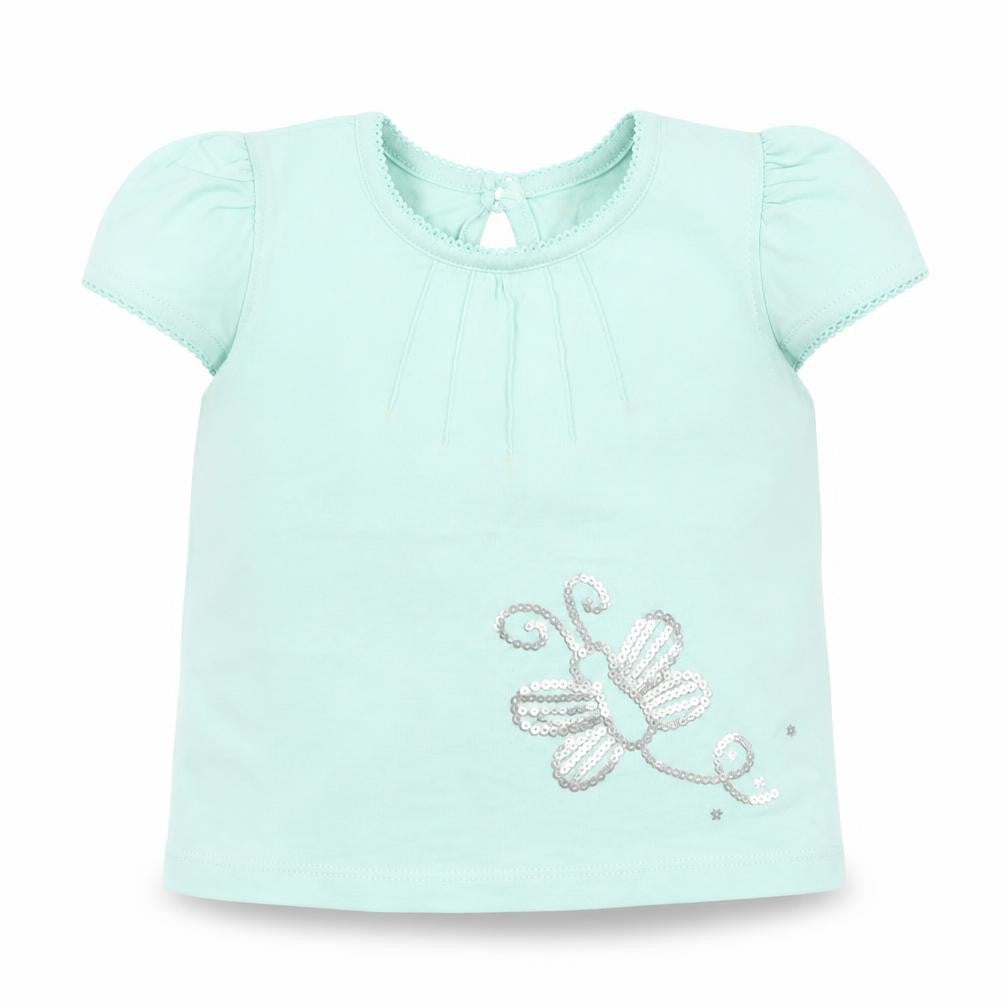Front view of Cherokee girls’ green cotton basic t-shirt, size 6-9, months round neck pullover