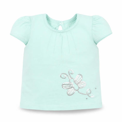 Front view of Cherokee girls’ green cotton basic t-shirt, size 6-9, months round neck pullover