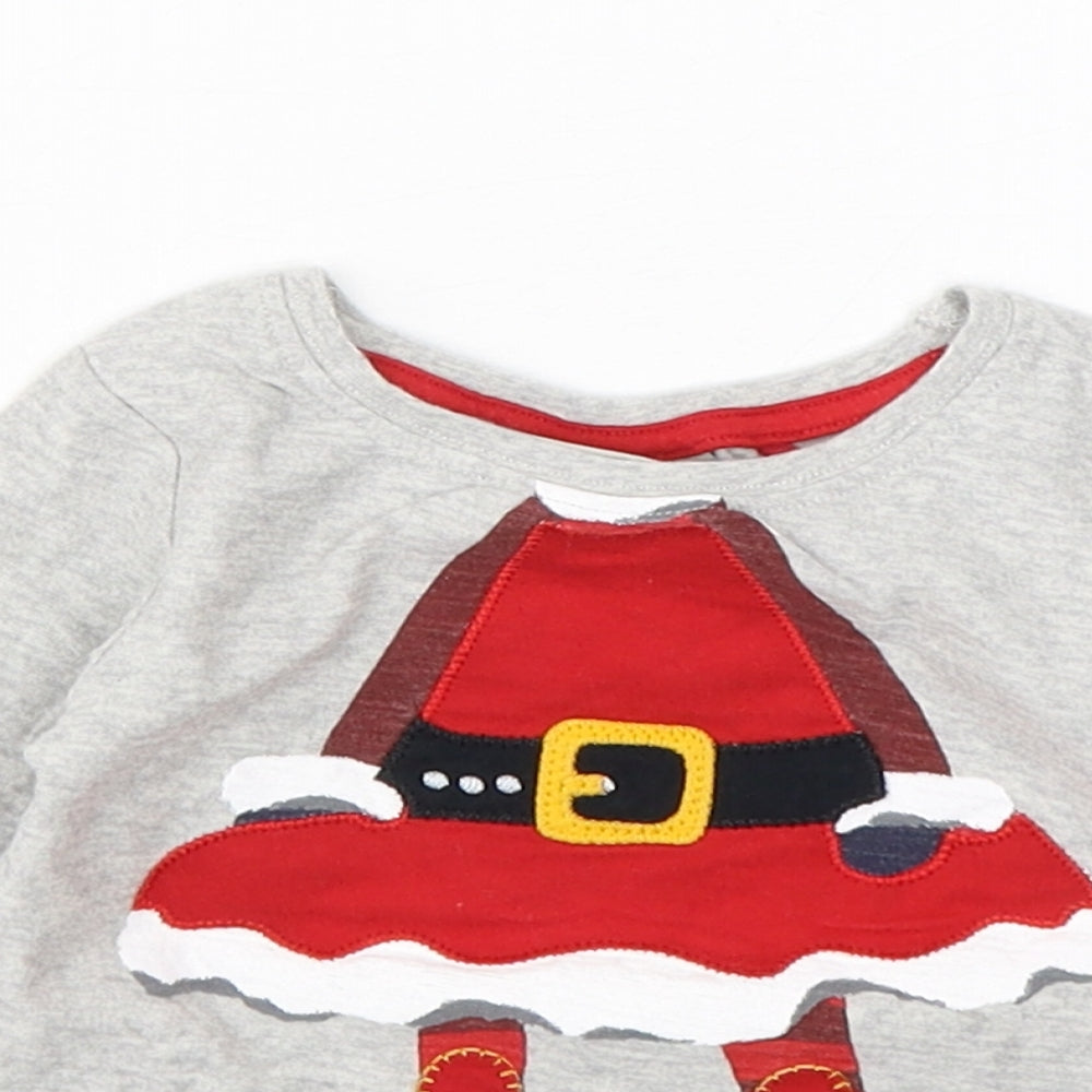 Close-up detail of Next boys’ grey cotton basic t-shirt, size 3-6, months round neck pullover - christmas