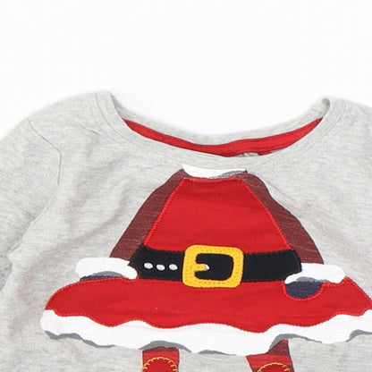 Close-up detail of Next boys’ grey cotton basic t-shirt, size 3-6, months round neck pullover - christmas