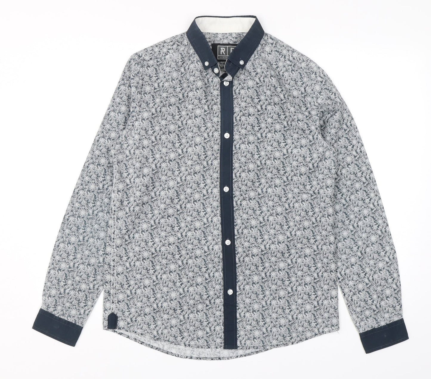 Retro Fire Mens Grey Paisley Polyester  Button-Up Size S Collared Button