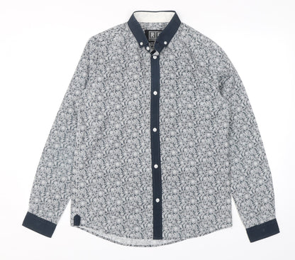 Retro Fire Mens Grey Paisley Polyester  Button-Up Size S Collared Button