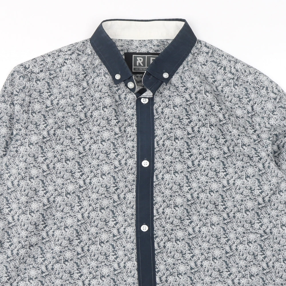 Retro Fire Mens Grey Paisley Polyester  Button-Up Size S Collared Button