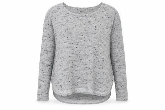 Front view of Miss Selfridge women’s grey round neck polyester jumper, size UK 14