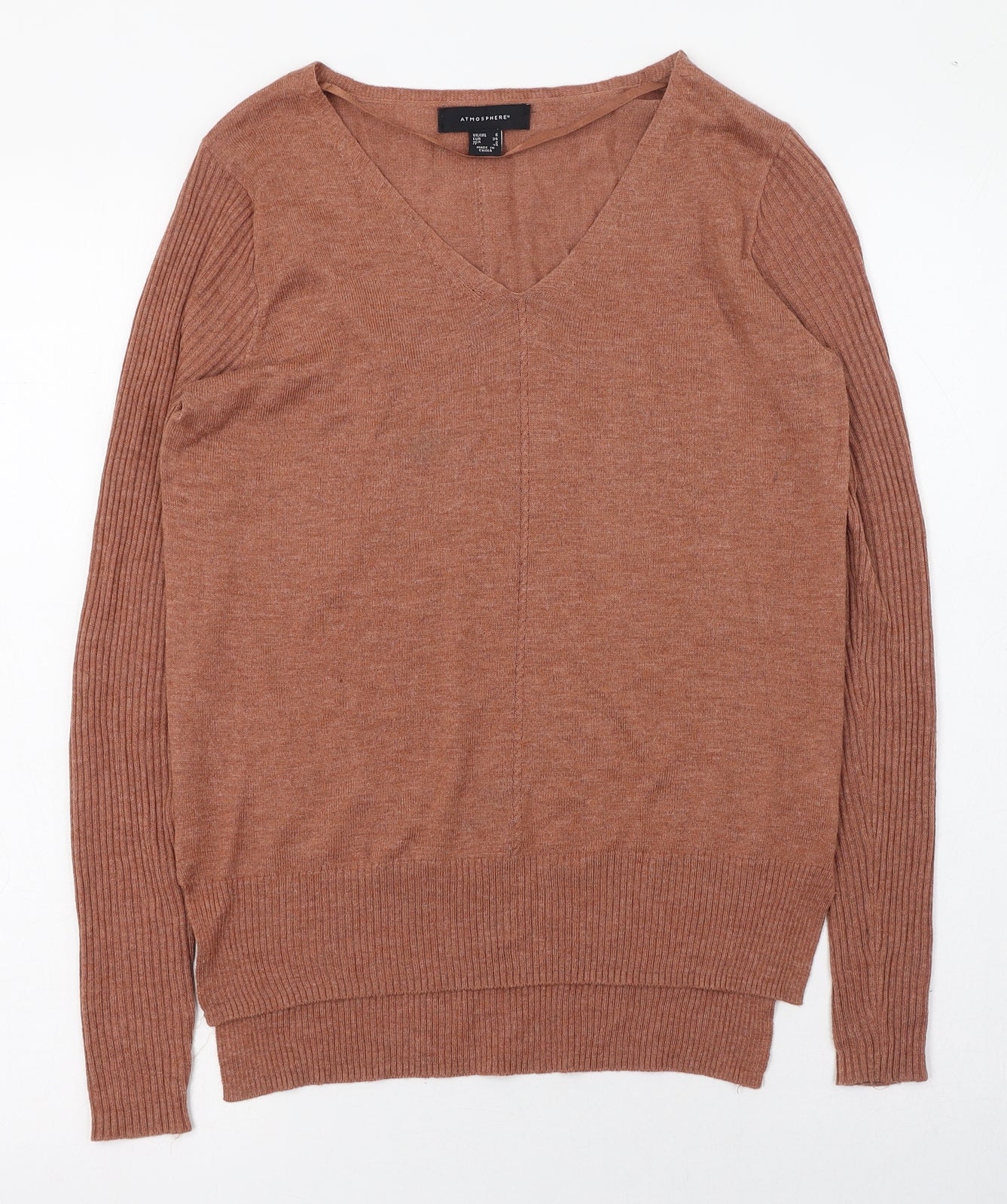 Primark Womens Brown V-Neck  Acrylic Pullover Jumper Size 6   - Ribbed sleeves