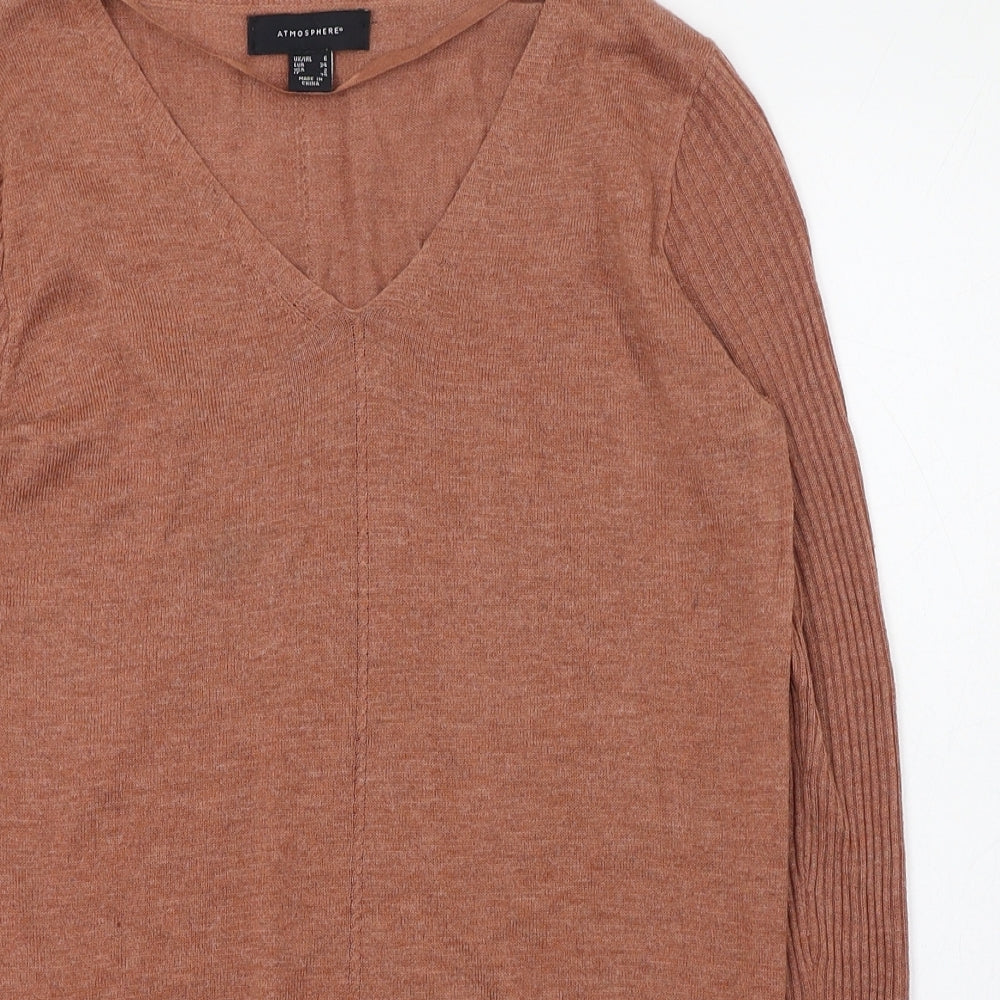 Primark Womens Brown V-Neck  Acrylic Pullover Jumper Size 6   - Ribbed sleeves
