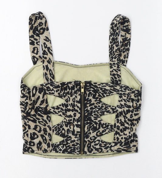 Cotton On Womens Black Animal Print Polyester Cropped Tank Size XS Square Neck - Cut out back