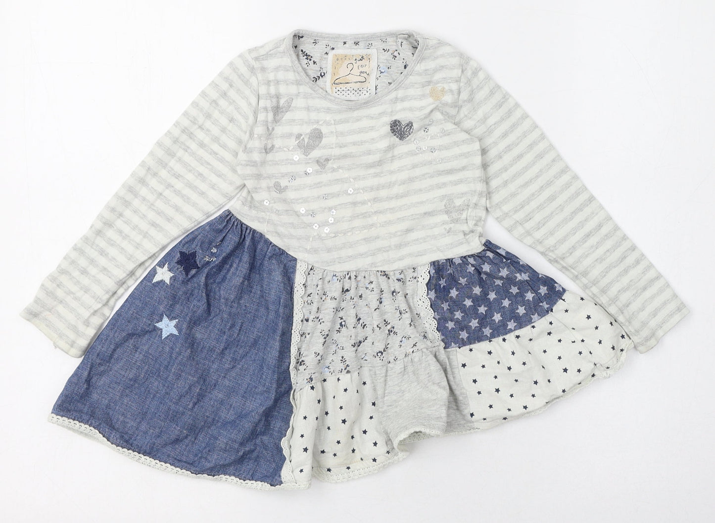 NEXT Girls Grey Patchwork Cotton Skater Dress  Size 2-3 Years  Round Neck Pullover