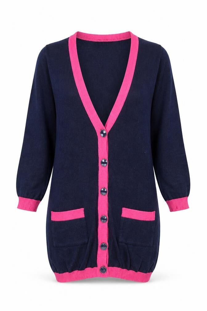 Front view of ASOS women’s blue v-neck cotton cardigan jumper, size UK 8