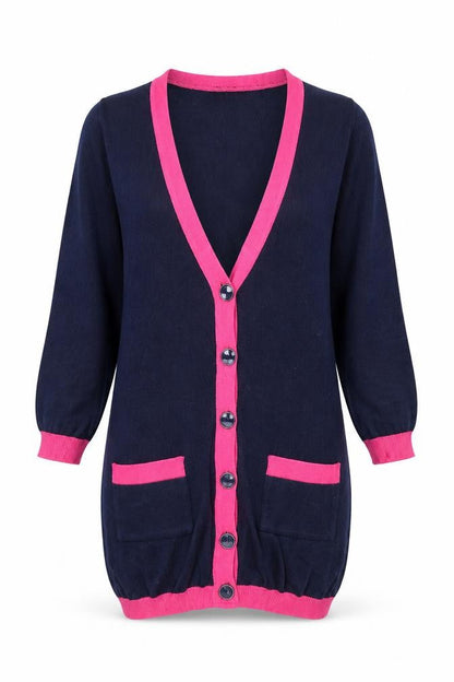 Front view of ASOS women’s blue v-neck cotton cardigan jumper, size UK 8