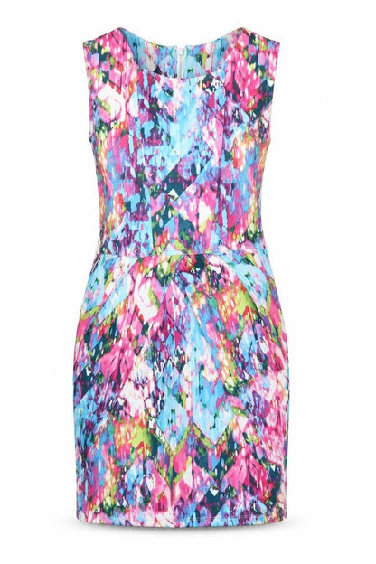 Front view of Internacionale women’s multicoloured geometric polyester pencil dress, size S, scoop neck zip